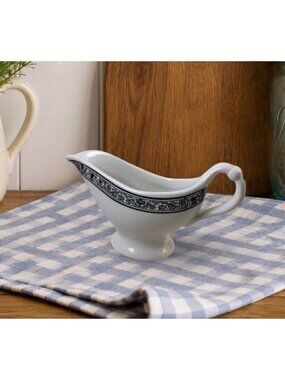 Vintage D.E. McNicol Vitrified China Gravy Boat With Black Floral Design Restaur